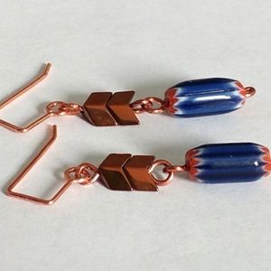 Copper Arrow Blue Glass Chevron Handmade Earrings